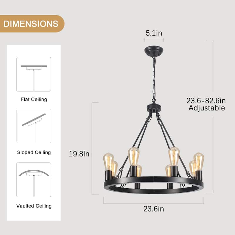 8-Light Circle Wagon Wheel Farmhouse Foyer Chandelier Linear Island Chandelier Lighting for Dining Room