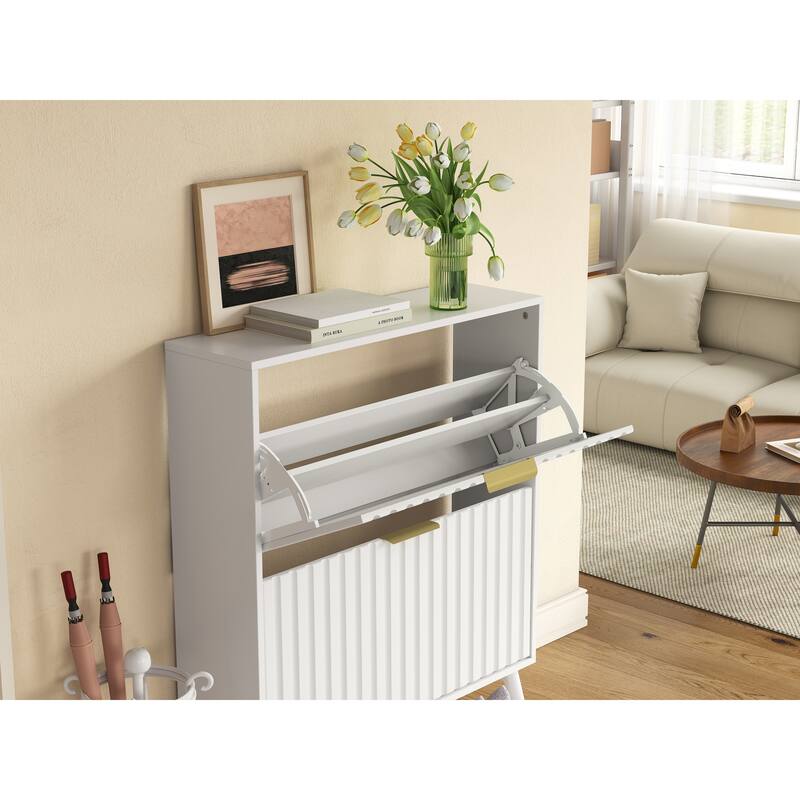 Tipping Bucket Narrow Shoe Cabinet, Multi-functional Shoe Rack Cabinet, Shoe Cabinet with Carved Doors & Solid Wood Legs