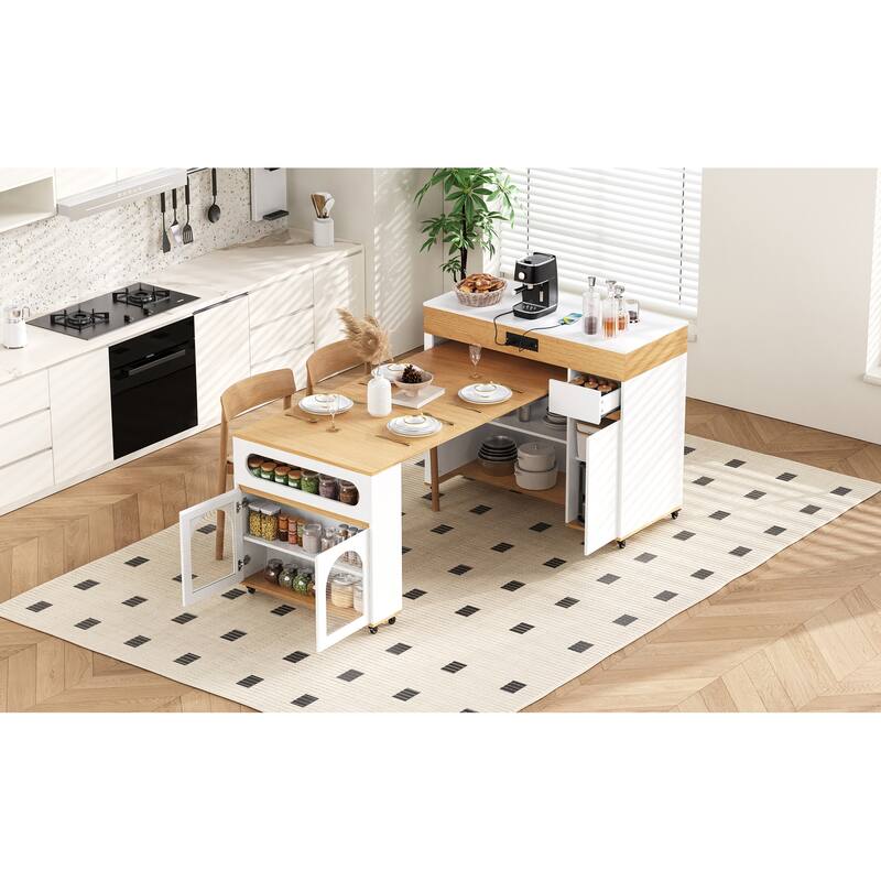 Rolling Kitchen Island with Extendable Table, Drawers, Power Outlet and Brake lock, Storage Cabinet