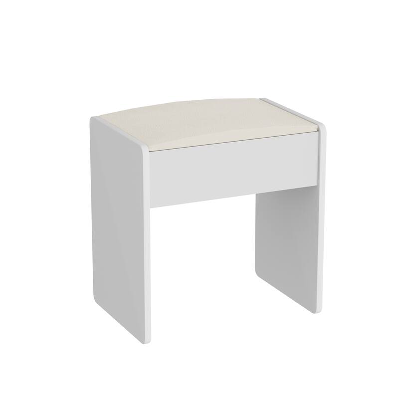 Vanity table with LED-lit mirror with power outlet and hairdryer shelving