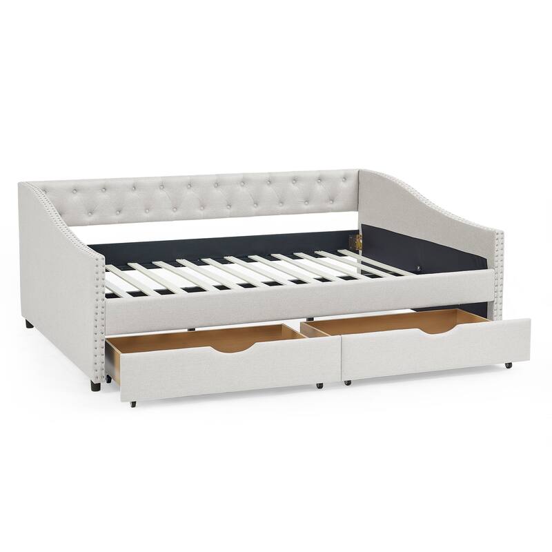 Tufted Button Daybed with 2 Storage Drawers/Upholstered Sofa Bed Frame w/Copper Nail on Waved Shape Armrests/No Spring Box Need