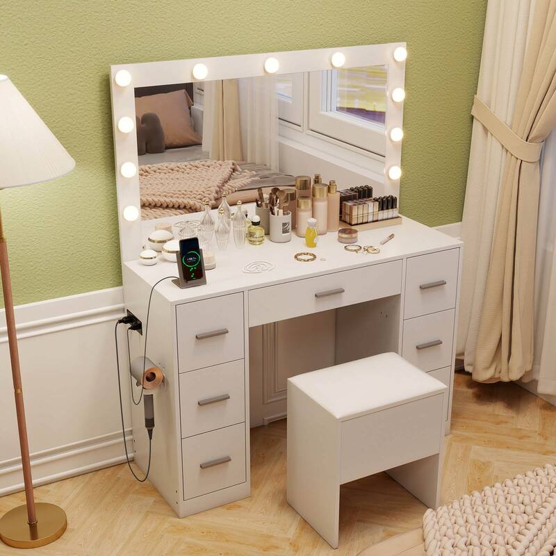 Costway Vanity Desk with Mirror and Lights Storage Stool Power Outlets - See Details