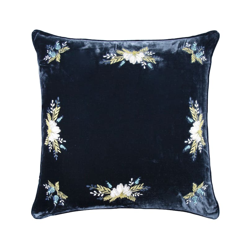 HiEnd Accents Stella Western Floral Embroidered Faux Silk Velvet Pillow - 22"x22" - Midnight Blue