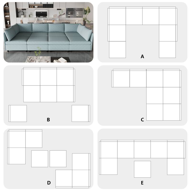Blue 129'' Convertible 8 Seater Modular Sectional Sofa with Storage Ottoman, Comfortable Sleeper Options