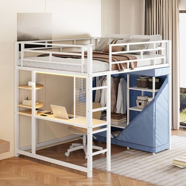 slide 2 of 18, Full Size Loft Metal Bed with Desk, Shelves, Power Outlet, LED Light and Wardrobe, White White