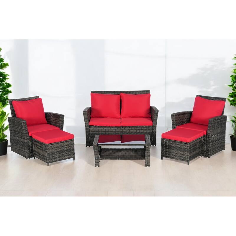 6-Piece Wicker Patio Furniture Set with Cushions & Coffee Table & Ottomans, Sofa for Outdoor Garden, Patio, or Balcony