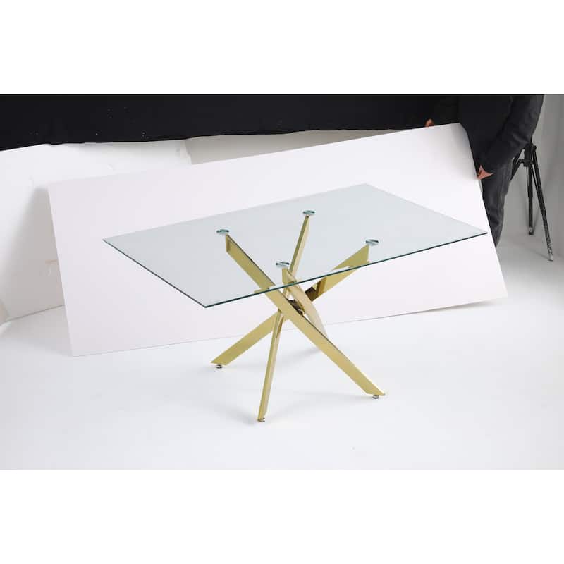 Modern rectangular tempered glass tabletop with a golden iron frame