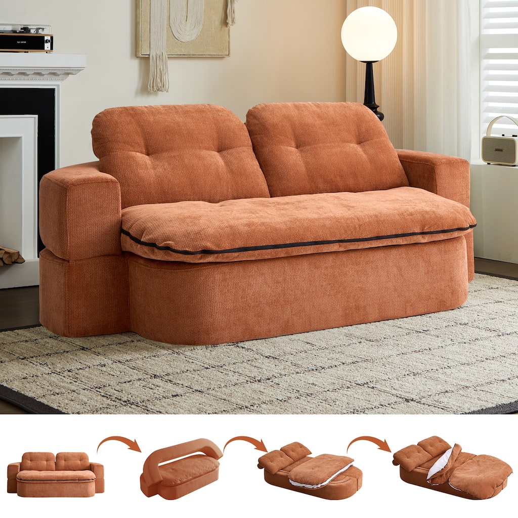Modern 2-Seater Sofa 2-in-1 Sleeper Sofa Bed with Convertible Sofa Cushion Unfolds Into Quilt, for Living Room, Caramel