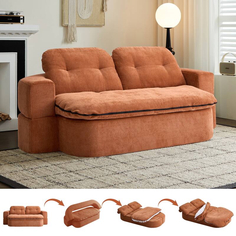 Rossetta Modern Convertible Corduroy Fabric Foam-Filled Floor Loveseats Sofa with Pillows - Caramel