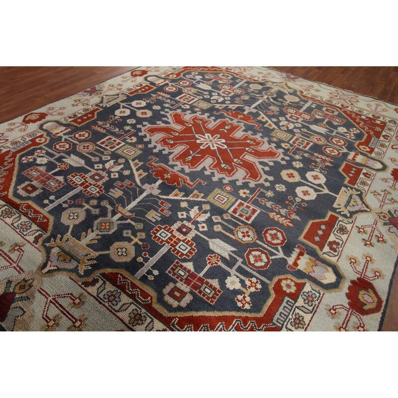 Blue Geometric Heriz Serapi Indian Area Rug Handmade Wool Carpet - 8'0"x 9'9"