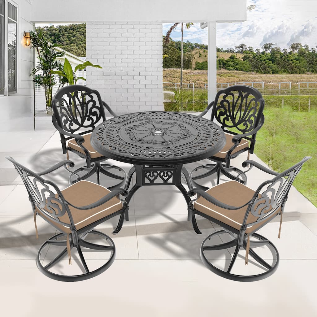 5-Pcs Outdoor Patio Dining Set,All-Weather Cast Aluminum Furniture Set with 4 Swivel Chairs and Round Table with Umbrella Hole