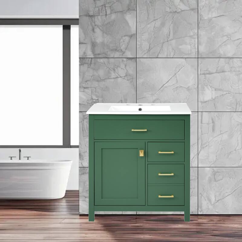 Compact 30" Bathroom Vanity with Ceramic Sink, Ample Storage, Soft-Close Features for Small Spaces - Green