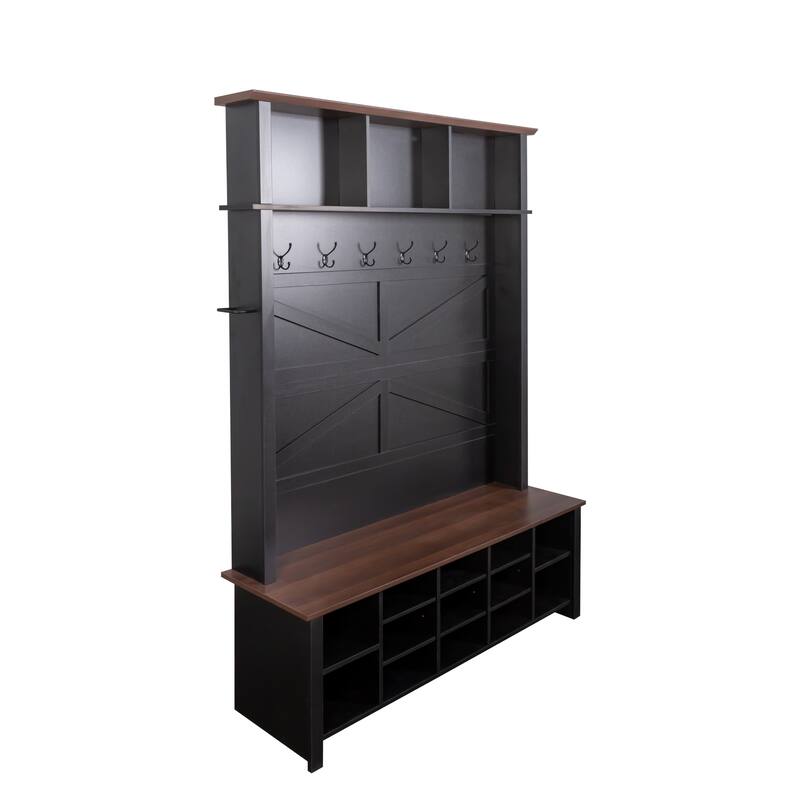 Versatile Farmhouse Entryway Organizer – 6-Hook Walnut Bench with Adjustable Shelves & 16-Compartment Shoe Storage