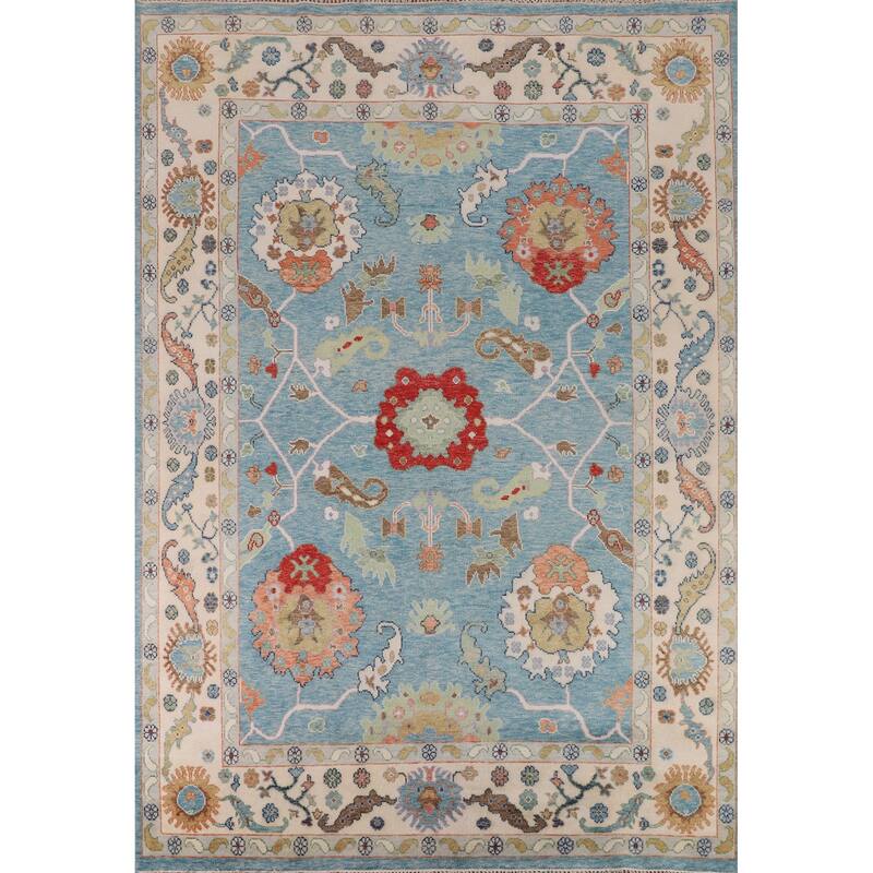 Light Blue & Ivory Floral Oushak Indian Rug Hand-Knotted Wool Carpet - 8'8"x 11'9"
