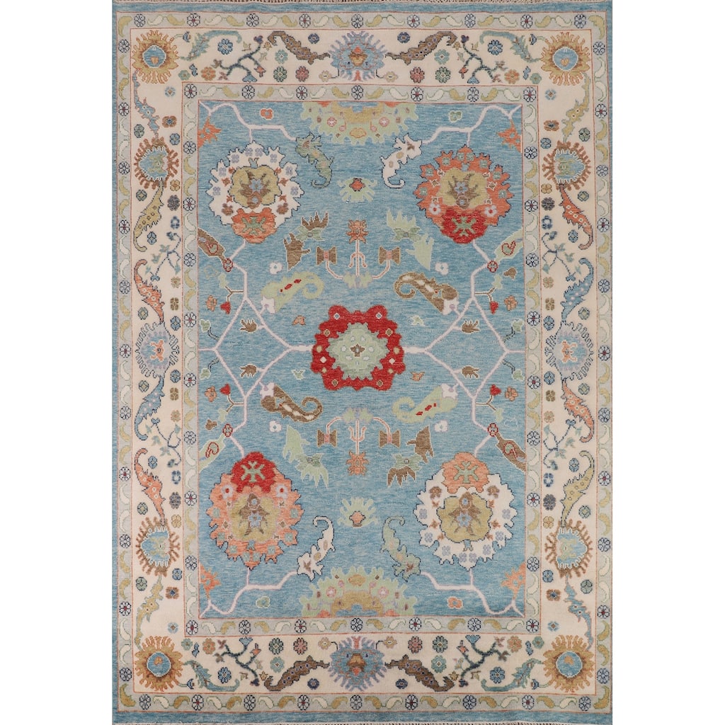 Light Blue & Ivory Floral Oushak Indian Rug Hand-Knotted Wool Carpet - 8'8"x 11'9"