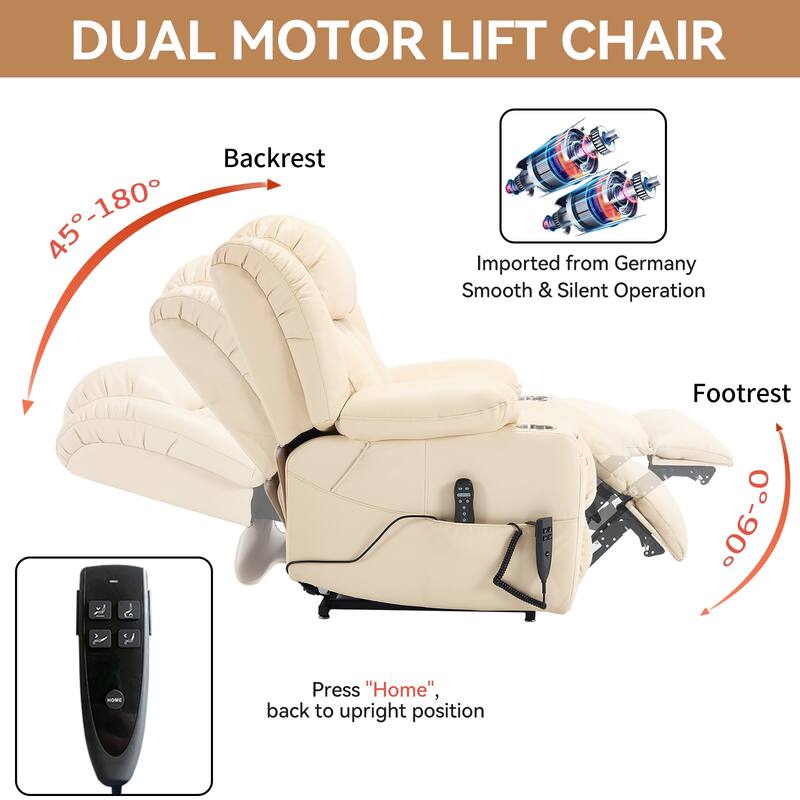 Dual Motor Infinite Position Power Lift Recliner Chair Heavy Duty Motion Mechanism with Massage and Lumbar Heating, Cup Holders
