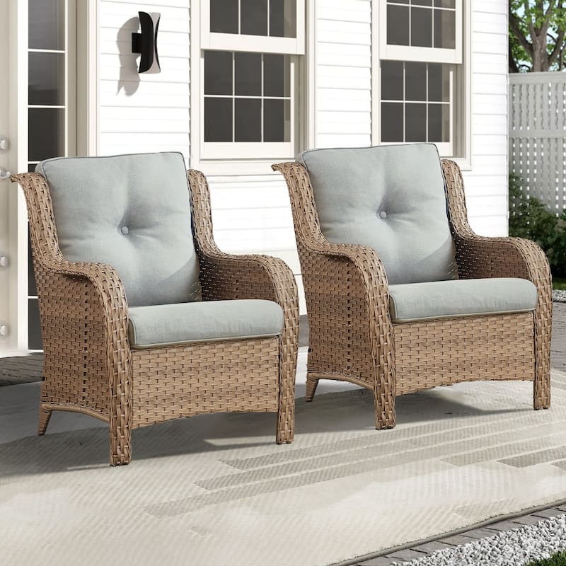 Outdoor Wicker High Back Club Chair with Cushions (Set of 2) - Yellow/Beige