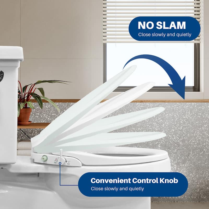 Non-Electric Quiet Close Bidet Seat for Elongated Toilets in White with Double Nozzles, Rinsing without Electricity - 20*15