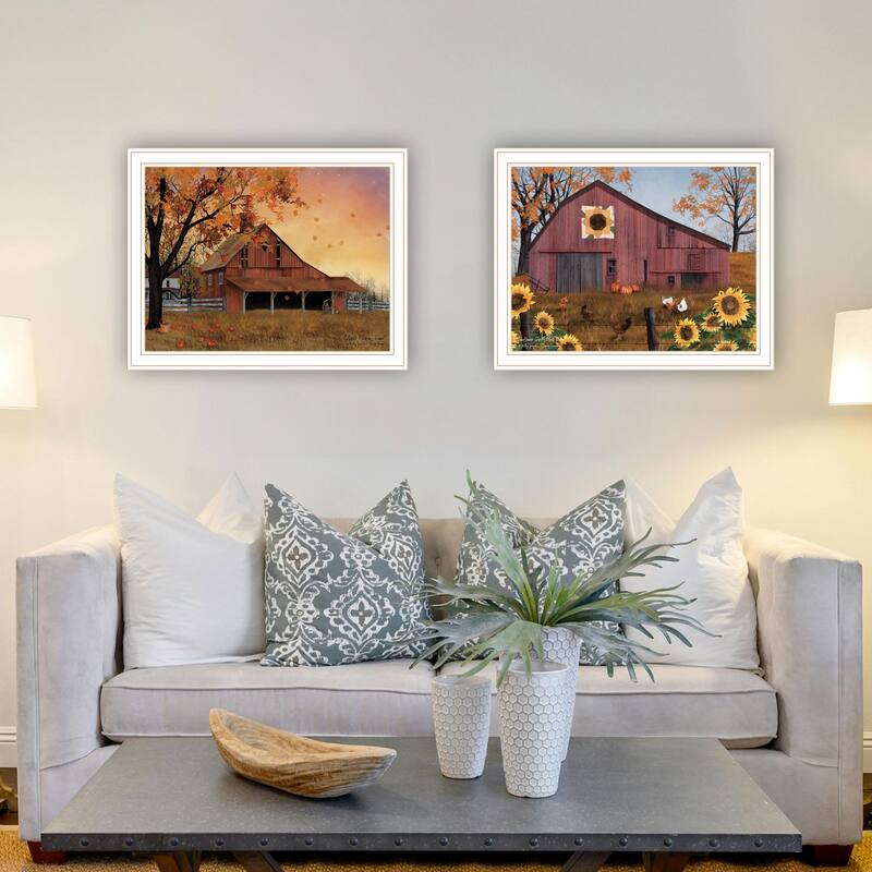 2-Piece Framed Wall Art Set - Apple Picking & Sunflower Quilt Barn, White Frame