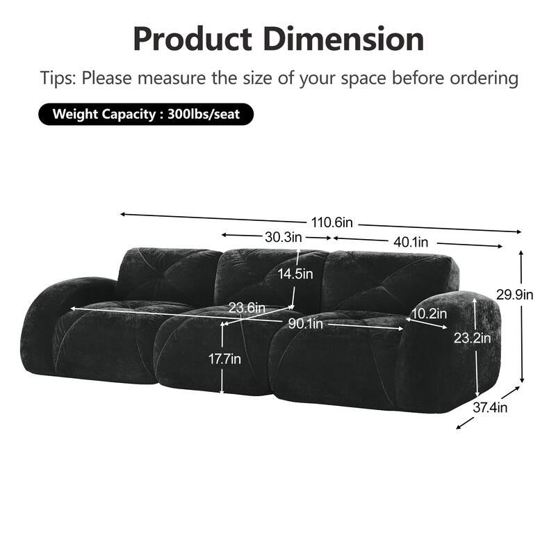 110" Boneless Sofa With Tufted, Soft Velvet Fabric, Modular Sectional Sofa Couches, 32D High Density Sponge