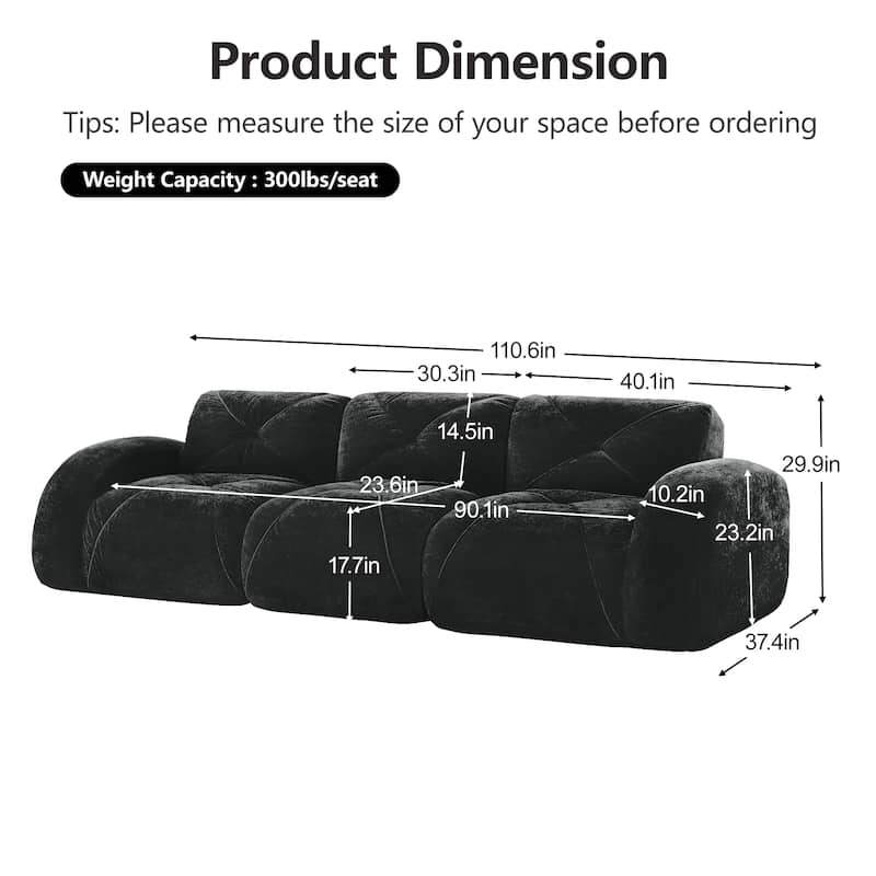 Rossetta 110" Anti-Slip Design Tufted Velvet Modular Boneless Sectional Cloud Couch, No Assembly Required