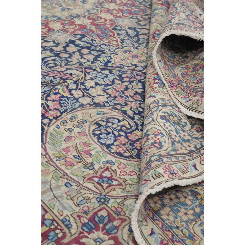 Hand Knotted Oriental 100% Wool Carpet Traditional Floral Navy Blue & Blues Kerman Area Rug - 10' 9'' X 7' 11''