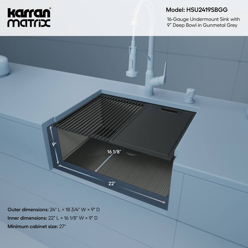 Matrix 24" Undermount Workstation 16 Gauge Single Bowl Stainless Steel Kitchen Sink with Accessories