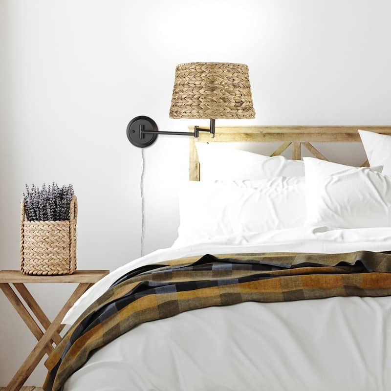 Wry Lighting Eleanor 1-light Swing Arm Wall Lamp in Matte Black and Woven Sweet Grass shade