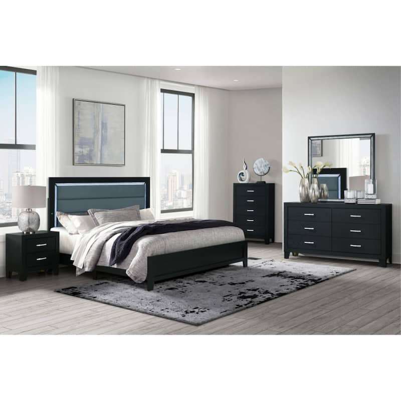 22" Black Wooden Bedside Table with Metal Handles and 2 Drawers Nightstand for Bedroom or Living Room