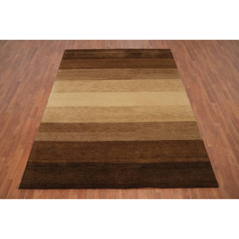 Hand Knotted Oriental 100% Wool Carpet Modern Stripe Brown Gabbeh Area Rug - 8' 3'' X 6' 3''