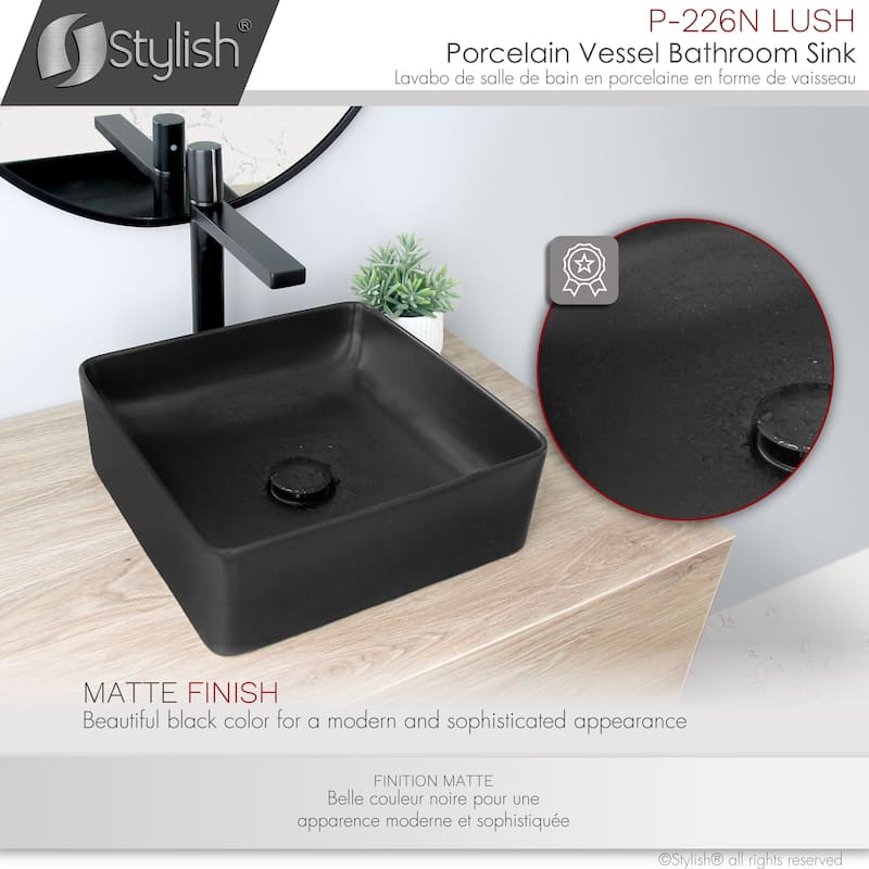 STYLISH 14 1/2 inch Square Porcelain Bathroom Sink - 14 1/2" x 14 1/2" x 5"