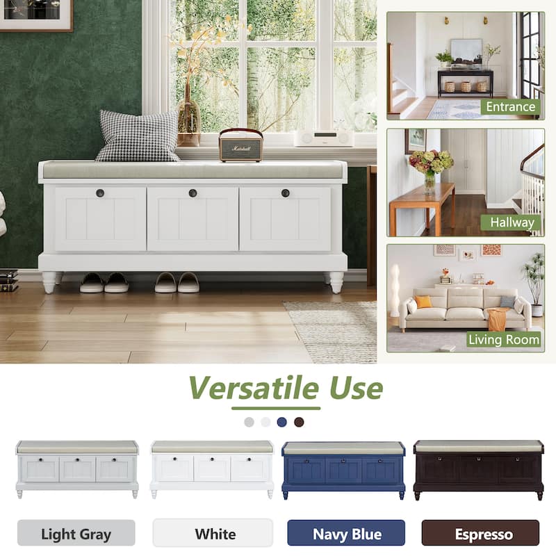 Roomfitters Classic Entryway Bench with Cushion, 3 Hidden Storage Spaces, Grooved Doors and Round Handles