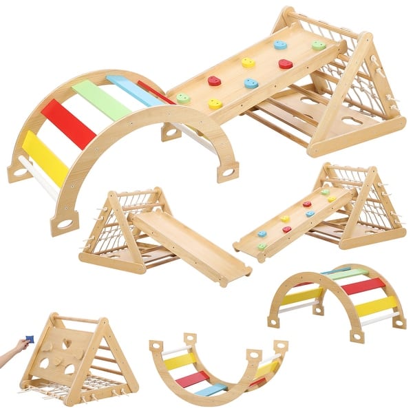 slide 2 of 4, 3-in-1 Indoor Climbing Gym - Waldorf and Montessori Climbing Set with Triangle Ladder, Climbing Ramp, Arch Climber, and Slide Kids