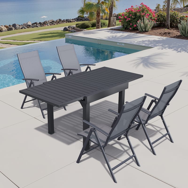Outdoor 5/7/9-Piece Aluminum Patio Dining Set with Expandable Table and Folding Chairs - Black Table & Dark Grey Chair - Set of 5