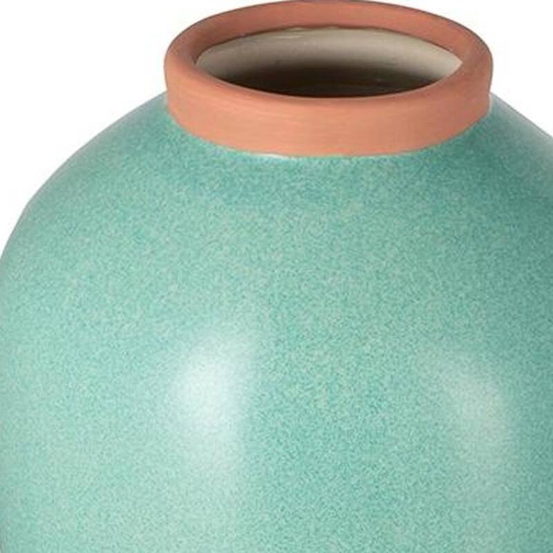 13" Aqua And Terra Cotta Ceramic Round Table Vase - 8.70
