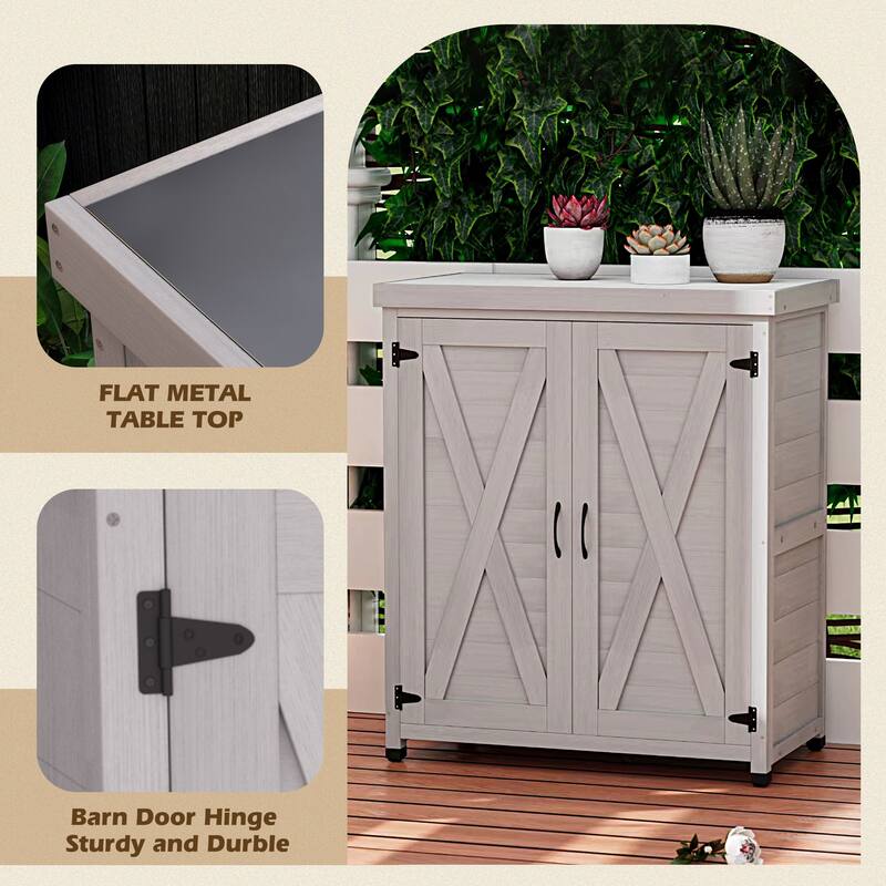 Wooden Patio Furniture with Metal-Tabletop, Potting Bench with Storage Cabinet, Outdoor Patio Storage Cabinet with Shelves
