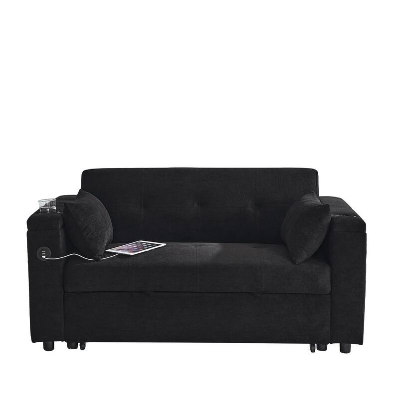 54" Multi-functional Chenille Sofa Bed with Cup Holder and USB Port for Living Room