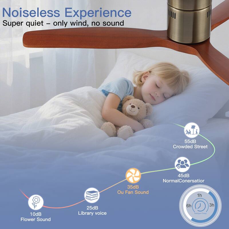 52In. Farmhouse Indoor Flush Mount Low Profile Ceiling Fan with Solid Wood Blades and Remote Control