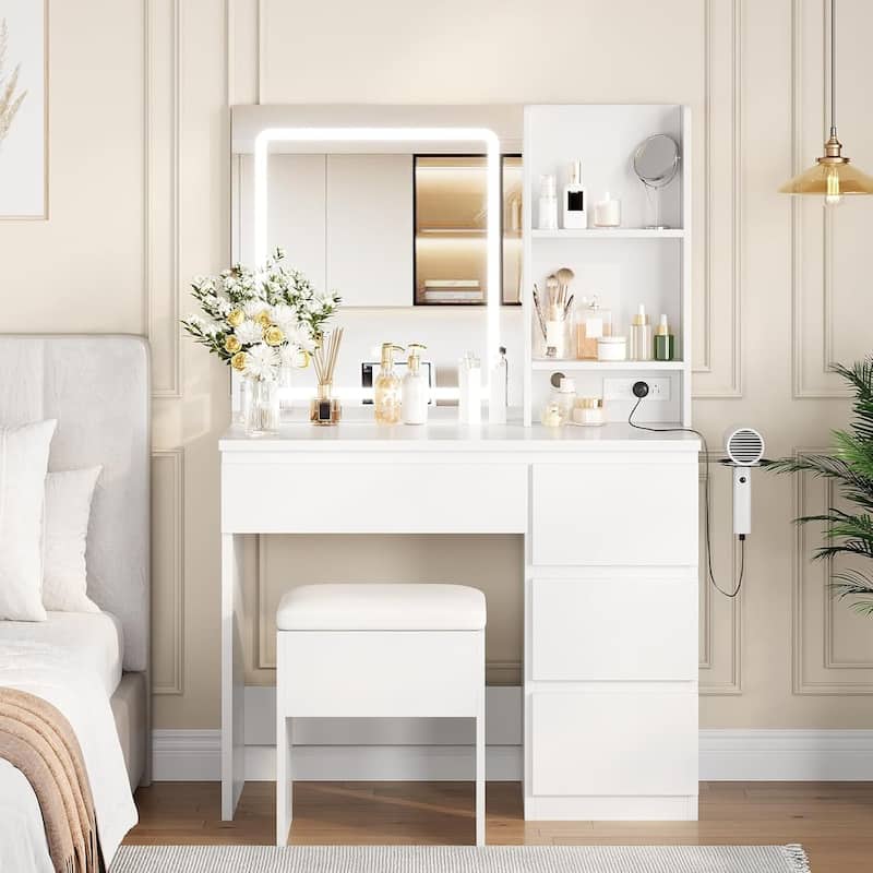 4 Drawers Vanity Desk with Power Outlet, Stool, Mirror and LED Light - White