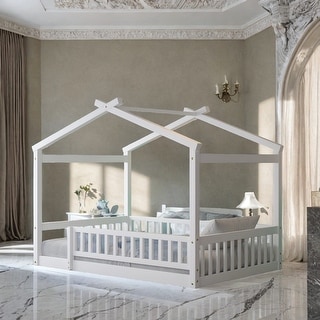 Full Size White Wood House Bed Frame with Fence for Kids