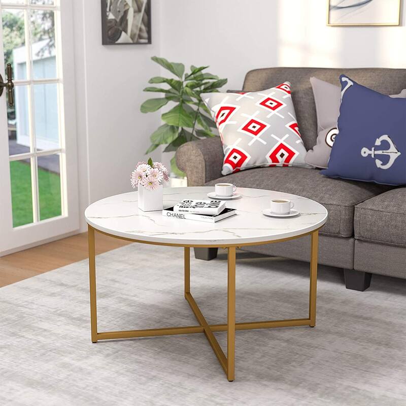 Modern Round Coffee Table, Center Table with Faux Marble Surface top