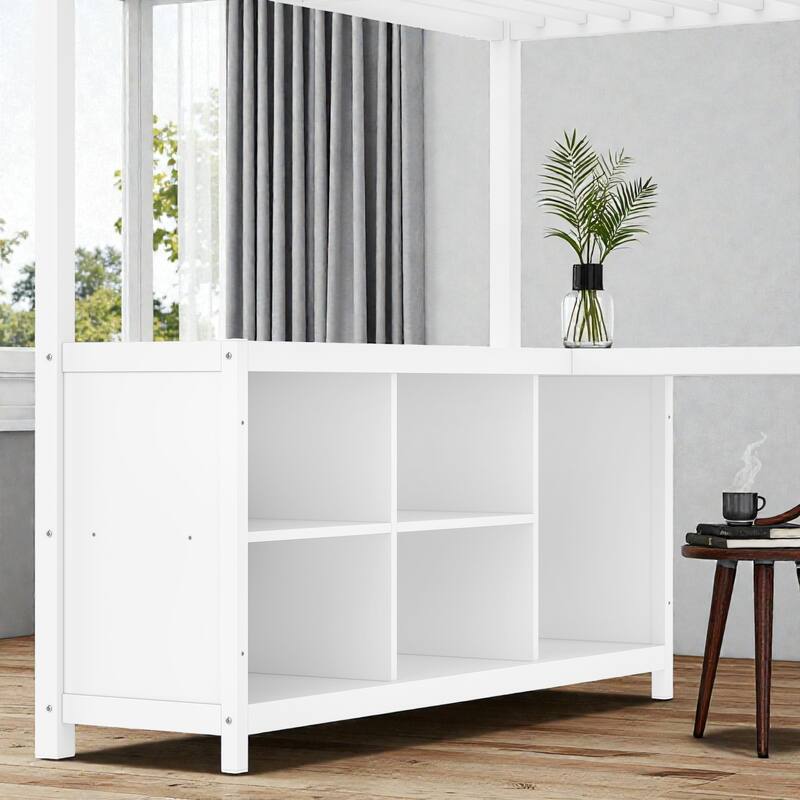 Metal Loft Bed with Wardrobe and L-Shaped Desk, Storage Cubes and Shelves, Space Saving Loft Bed for Teens