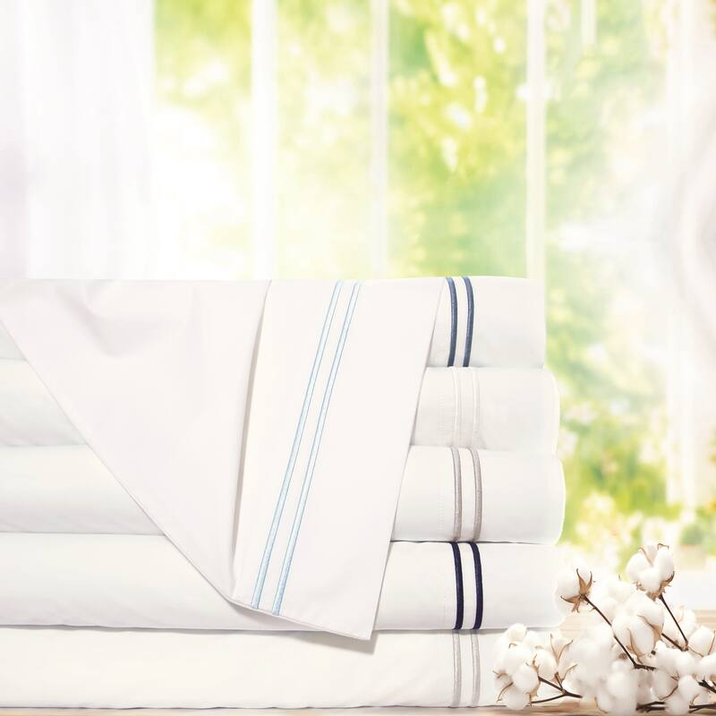 Pointehaven 300 TC Percale 100% Long Staple Cotton Cooling Double Satin Embroidered Stitch Oversized Sheet Set