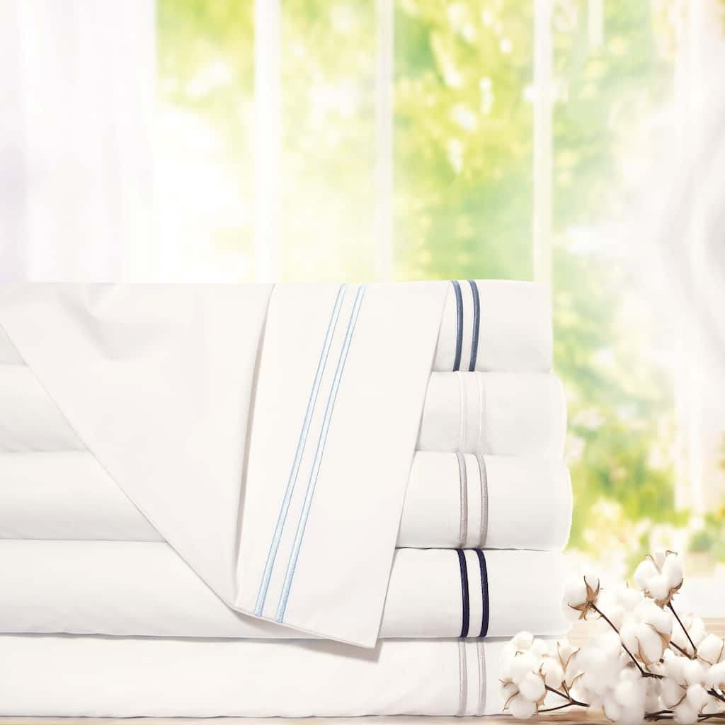 Pointehaven 300 TC Percale 100% Long Staple Cotton Cooling Double Satin Embroidered Stitch Oversized Sheet Set