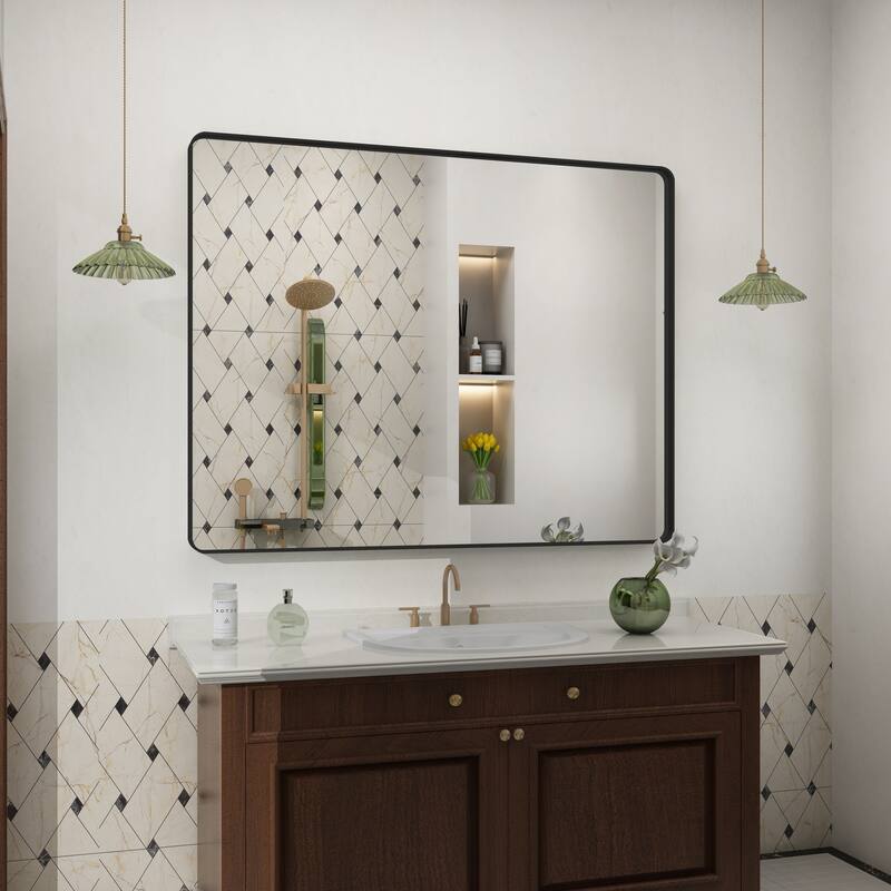 Modern Metal Frame Wall Mounted Bathroom Vanity Mirror - 40x32 - Black