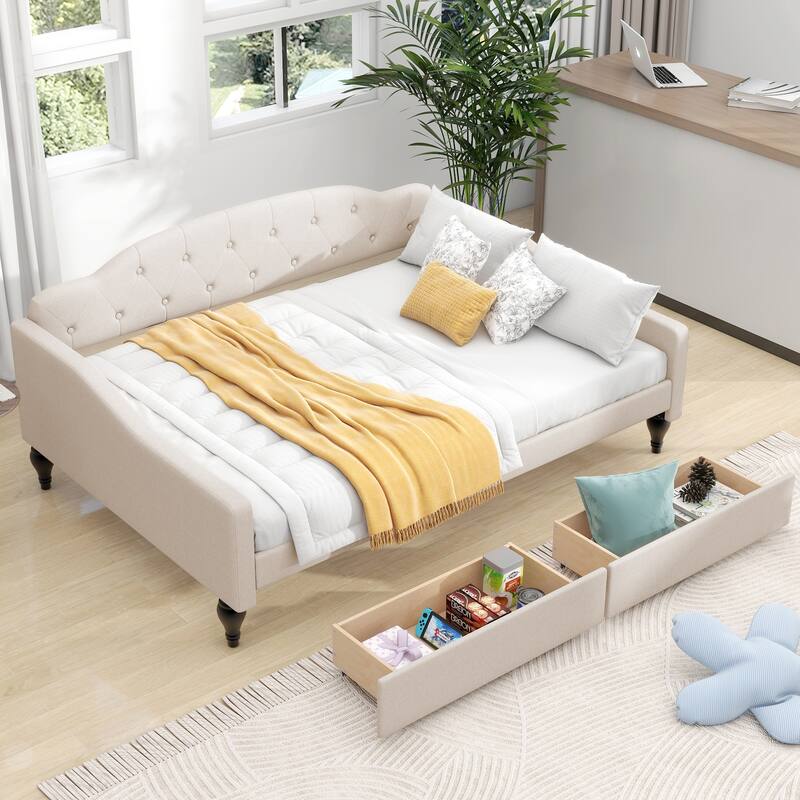 Minimalist Daybed Curve Design Soft Backrest Wood Slat Support, Full - Beige+2Drawer - Full