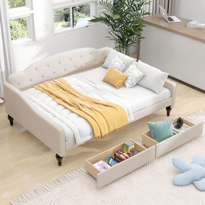 Upholstered Daybed with Button Backrest and Two Storage Drawers, Full Size Tufted Daybed Frame w/Slats Support for Bedroom