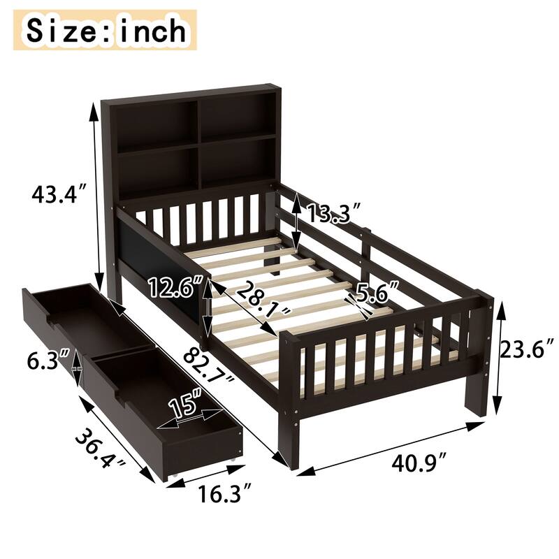 Childlike Fun Solid Wood Low-profile Platform Bed Storage Bed Frame with Side Chalkboard, Open Shelves, Drawers and Guardrails