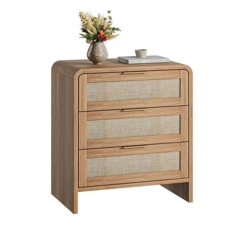 Rattan Nightstand with 3 Drawers, 22.8" Wide Curved Wooden Bedside Table, Modern Storage for Bedroom