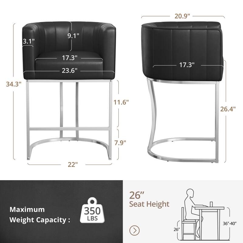 LUE BONA Modern 26.in Low Back Barstool Counter Height Stool Upholstered/PU Leather Barrel Bar Stools with Metal Frame